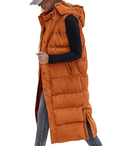 BTFBM Long Puffer Vest Women Quilted Winter Coats With Hood,Orange,S
