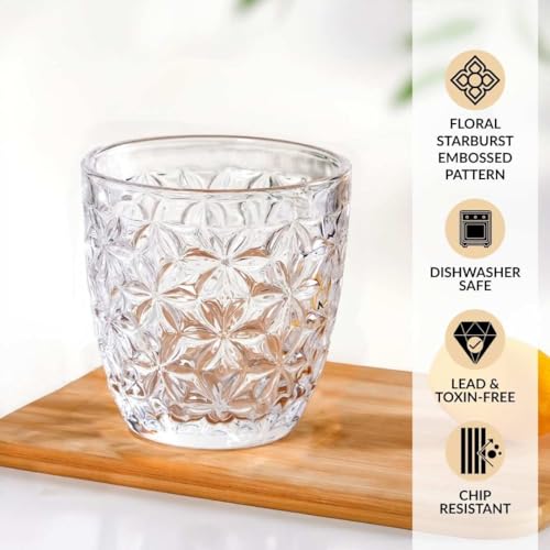 Image of Nestasia Transparent Small Juice Glasses Set of 6 (260 ml Each) - 100% Food Safe & Dishwasher Safe Floral Textured Tumblers - Ideal for Water, Tea, Coffee & Refreshments - Perfect for Gifting
