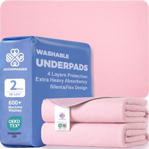 Image of Accompagner Incontinence Bed Pads Washable Waterproof Underpads 36 inchx54 inch 2pc | 4-Layer Heavy-Absorbency Reusable Pee Pads for Adults, Kids, Elderly, Dogs, Bedridden, Bedwetting, Nursing, Sofa (Pink)
