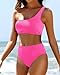 Tempt Me Women Hot Pink Two Piece Swimsuits Ribbed One Shoulder Bikini Sets Mid Waist Bathing Suit M