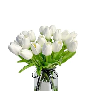 20pcs White tulips artificial flowers Silk Flowers Fake tulips Flowers Mother’s Day Easter Valentine’S Day Gifts in Home Kitchen Wedding Dining Table Decorations