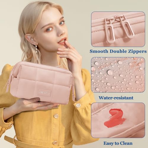 Image of Puffy Makeup Bag Travel Toiletry Bag, Waterproof Make Up Bag for Women, Lightweight Wide-open Cosmetic Bag with Multiple Compartments, Pouch Travel Essentials Toiletries, Pink