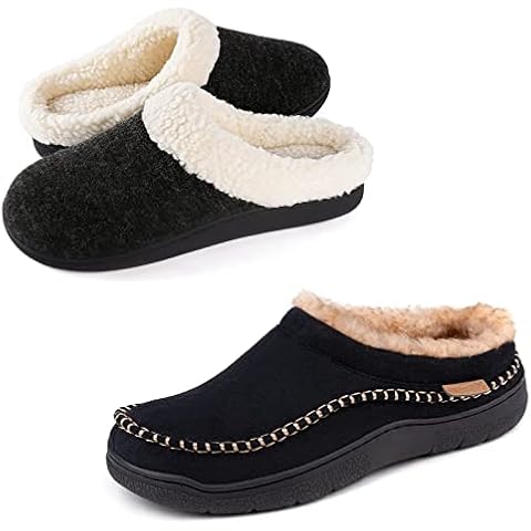Zigzagger Set of 2 Pairs - Women's Sherpa Fleece House Slipper with Memory Foam(Black, US 8-9) and Men's Fuzzy Moccasin Indoor/Outdoor Slip On House Shoes(Black,US 9-10) Cover