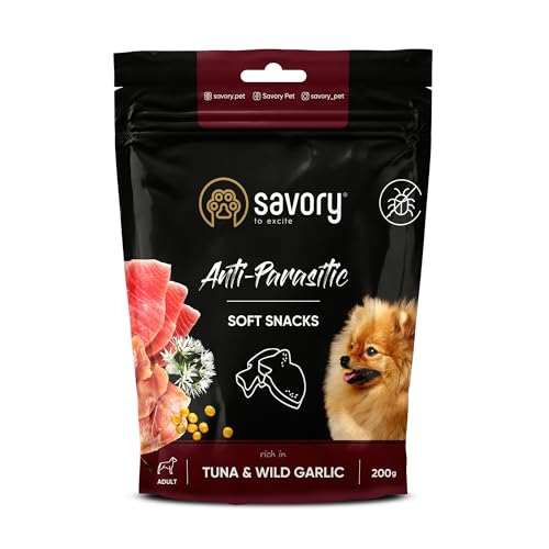 Savory - Hunde Leckerlis - Leckereien für Hunde - Antiparasitär - Thunfisch & Bärlauch - Hundesnack, Gut geeignet für Training, alle Rassen - Angereichert mit Superfoods - 12er-Pack (12x200 g)