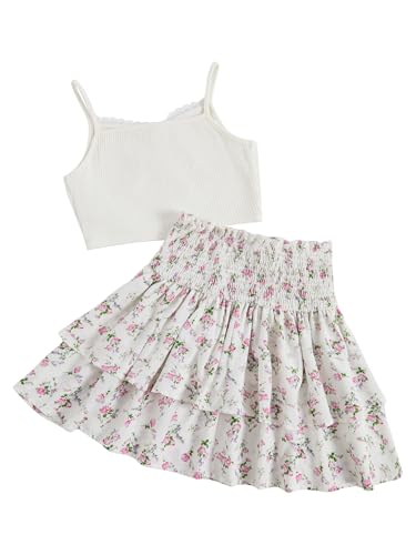 Image of RoseSeek Girl's 2 Piece Outfits Lace Ruched Camisole Tops and Shirred High Waisted Layered Floral Skirts Set