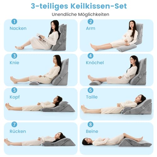COSTWAY Lesekissen für Bett und Sofa, Venenkissen zum Beine hochlagern, 3-teiliges orthopädisches Keilkissen-Set nach Operationen gegen Schnarchen, Sodbrennen & Rückenschmerzen (Grau)