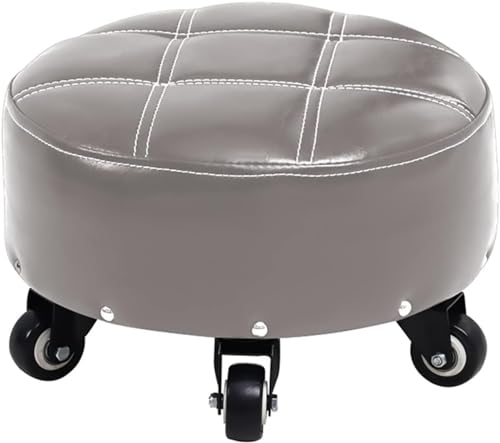 Taburetes bajos ajustables con ruedas silenciosas, asientos redondos de piel sintética para oficina en casa, salón de pedicura y trabajo de pisos, diseño ergonómico de color gris