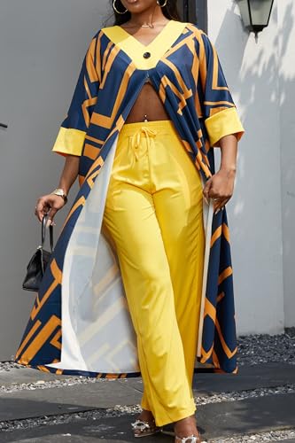 LROSEY Fall African 2 Piece Outfits Caftans for Women Floral V Neck Long Cardigan Cover Up Wide Leg Pants Sets Plus Size2