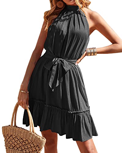 Image of BTFBM Women Halter Neck Summer Dresses 2025 Spring Casual Sleeveless Floral Polka Dot Ruffle Mini Boho Beach Sun Dress