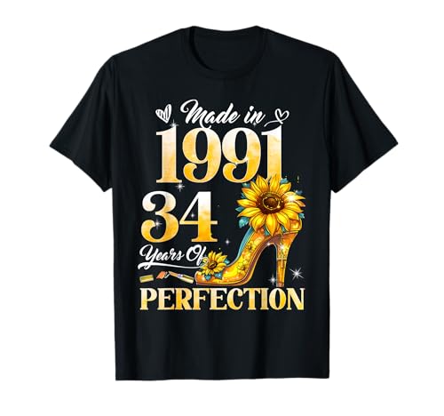 34th Birthday Floral Made in 1991 34 Years Old Sunflower T-Shirt