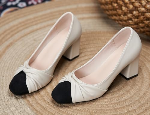 YooPrettyz Women Leather Office Wear Suit Pleated Almond Toe Slid Daily Block Heels Formal Pumps Shoes2