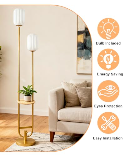Image of 2-Lights Gold Dimmable Floor Lamp with Table, Modern Floor Lamps with Oval Striped Lampshade 3000K Soft Warm White Standing Tall Lamp for Living Room /Bedroom /Sofa Beside /Corner Decor