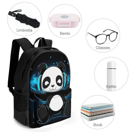 Daypack Bookbag Anti-Theft Multipurpose Large Capacity Bookbag - Black And White Panda Animal Headphones Music Cute Panda Travel Hiking & Camping Rucksack With Adjustable Shoulder Straps4