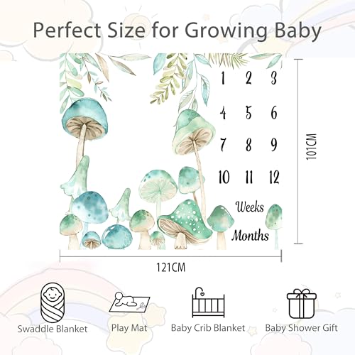 Image of Mushroom Theme Baby Monthly Milestone Blanket, Soft Flannel Watercolor Spring Tropical Eucalyptus Leaves Botanical Photography Prop Newborn Baby Shower Age Growth Tracker (Green, 48x40in)