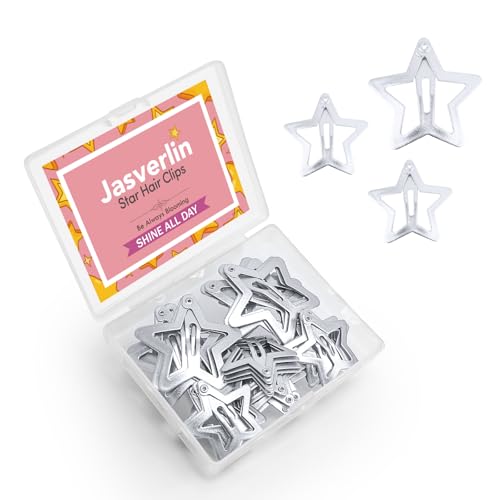 JASVERLIN Star Hair Clips, 1.22" and 1.61" Cute Kawaii Snap Barrettes for Women Girls Teens, Y2K Fashion Festival Rave Hair Accessories 2000s Aesthetic Stars Stuff Non Slip 40 Pcs (Matte Silver)