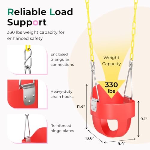 DECORLIFE Toddler Swing - High Back Full Bucket Seat for Ages 1-3, 330lb Capacity, Baby Infant Swing Outdoor with Safety Design, Plastic-Coated Chains, Carabiners for Backyard, Garden-Red by DECORLIFE - Image 5