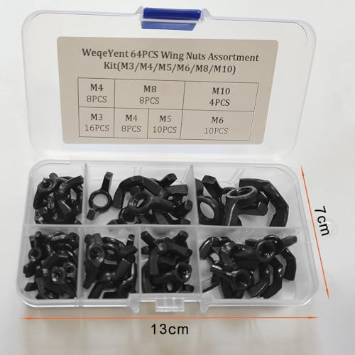 64 Stück M10/M8/M6/M5/M4/M3 Flügelmutter Sortiment Kit, Butterfly Wing Screw Nuts, Thumb Hand Screw Parts(Schwarz)