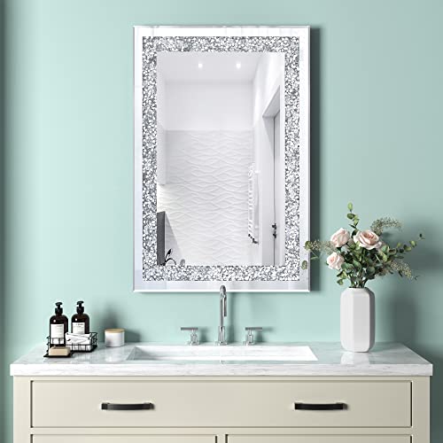 Goand Crystal Decorative Mirror-19.7"X27.6" Rectangle Gorgeous Silver Mirror, Crush Diamond Mirror For Wall Decoration Bedroom, Hallway, Dining Room #TOP2