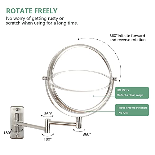 Wall-Mounted Makeup Mirror 8 Inch Retractable 360° Rotating Magnifying Mirror Wall Mounted Bathroom Swing Mirror Decorative Brushed Nickel #TOP2
