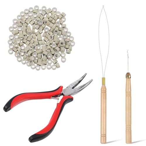 SynHHergyx - Haarverlängerungs Zange Set Haarverlängerungs-Schlaufennadeln Haarverlängerung Häkeln 200 Stück Microring Haarverlängerungen Ringe für Haar- oder Federverlängerungen