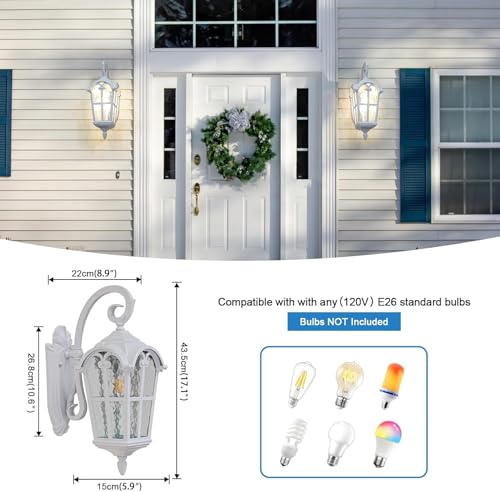 Outdoor Wall Lights for Porch, Patio, Yard - 17.1'' H White Exterior Wall Lighting Fixtures, Waterproof & Anti-Rust Outside House Light Wall Mount Lantern Sconce