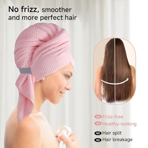 Image of Microfiber Hair Wrap Towel for Women, Quick-Dry & Absorbent (2 Pack, Pink) | Absorbs water fast and reduces frizz, fits long and curly hair, soft, lightweight, secure elastic loop keeps wrap in place