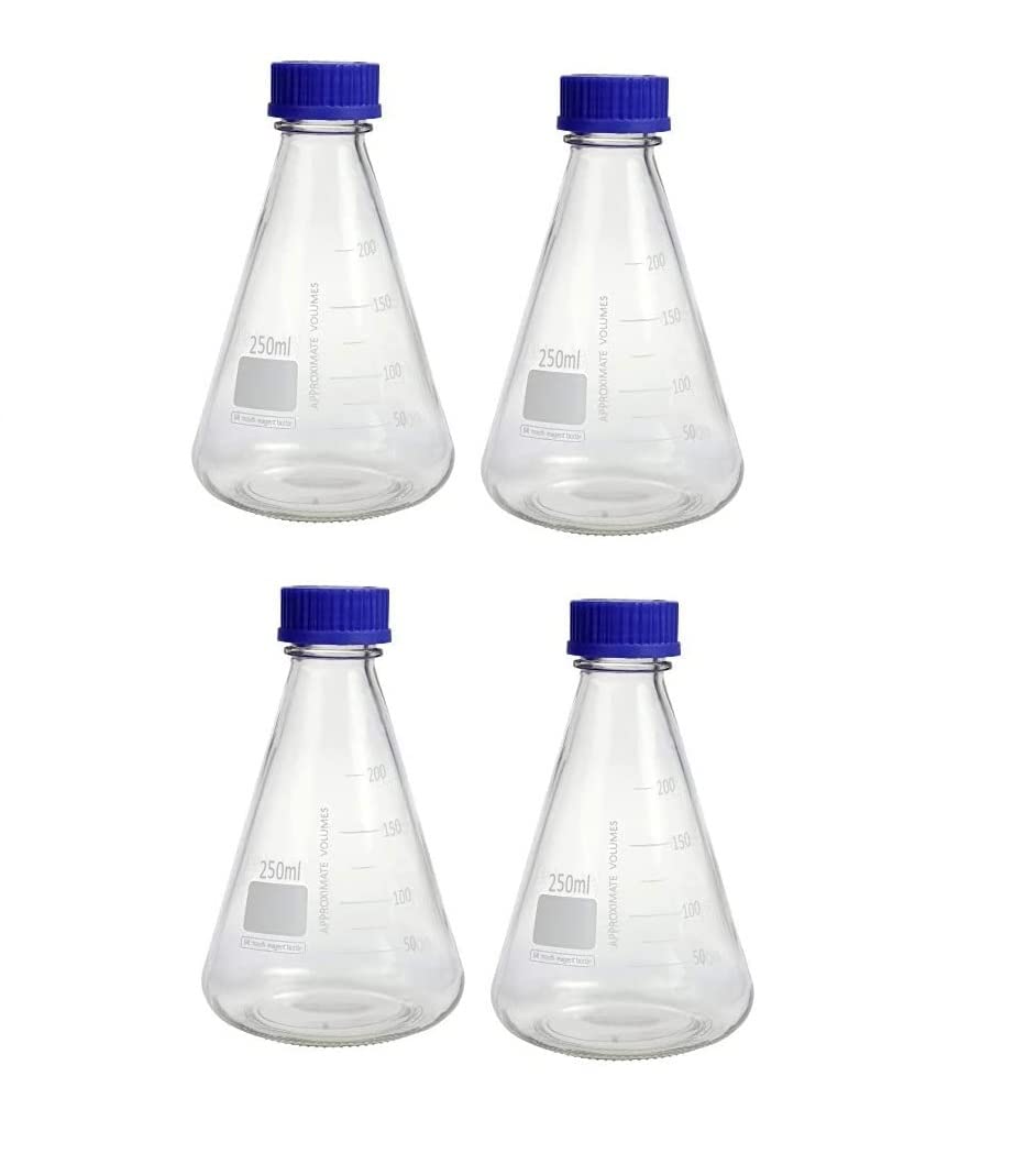 Salco Narrow Mouth Graduated Lab Erlenmeyer Glass Flask with Blue Screw Cap - Made of Heavy Borosilicate Glass (250 ML, 4)-image-43