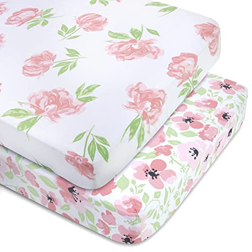 Image of Standard Microfiber Fitted Crib Sheets for Baby Girl, Boy & Neutral, 2 Pack - 28x52 (Roses & Flowers)