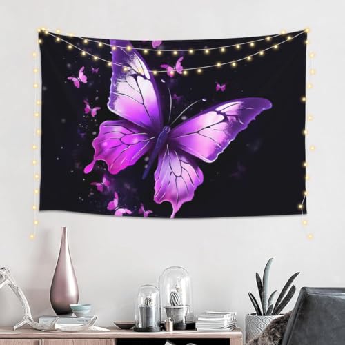 Tapisserie murale papillon pour cacher les imperfections | Grand tissu mural violet 300x220 cm