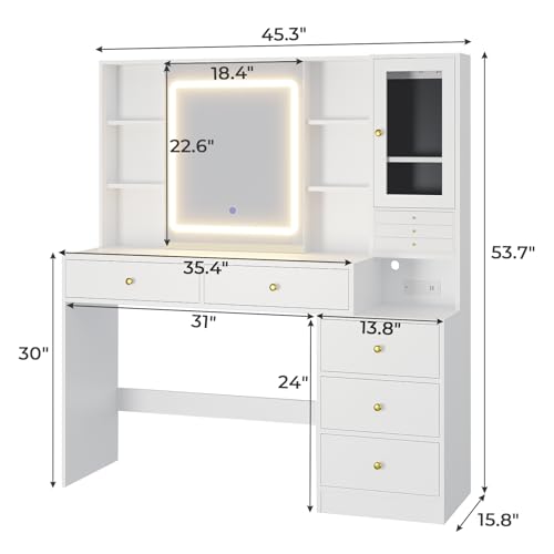 BTHFST Makeup Vanity with Charging Station & 3-Layer Jewelry Box, Vanity Desk with Sliding Mirror and Lights, Vanity Table with 8 Necklace Hooks & 5 Drawers & Shelves, White