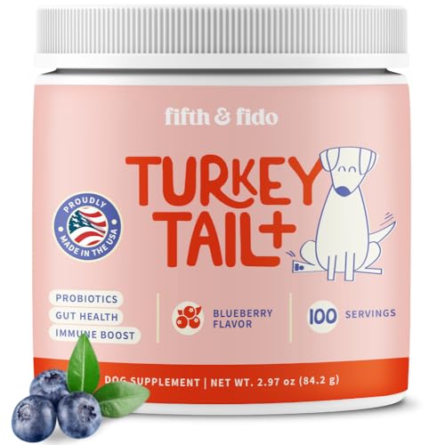 Fifth & Fido Turkey Tail Mushroom for Dogs - Lipoma Treatment for Dogs - Mushroom Supplement for Lumps & Bumps with Probiotics & Immune Support - Dog Food Topper Made in USA 30 Servings (Blueberry)