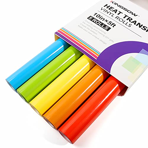 Kingsow Heat Transfer Vinyl Roll : 10”X5Ft 5 Rolls Assorted Colors Iron On Vinyl Bundle Rainbow Htv Pack Blue Green Red Orange Yellow T Shirt Vinyl For Cricut Cameo Silhouette Cutter Machine #TOP15