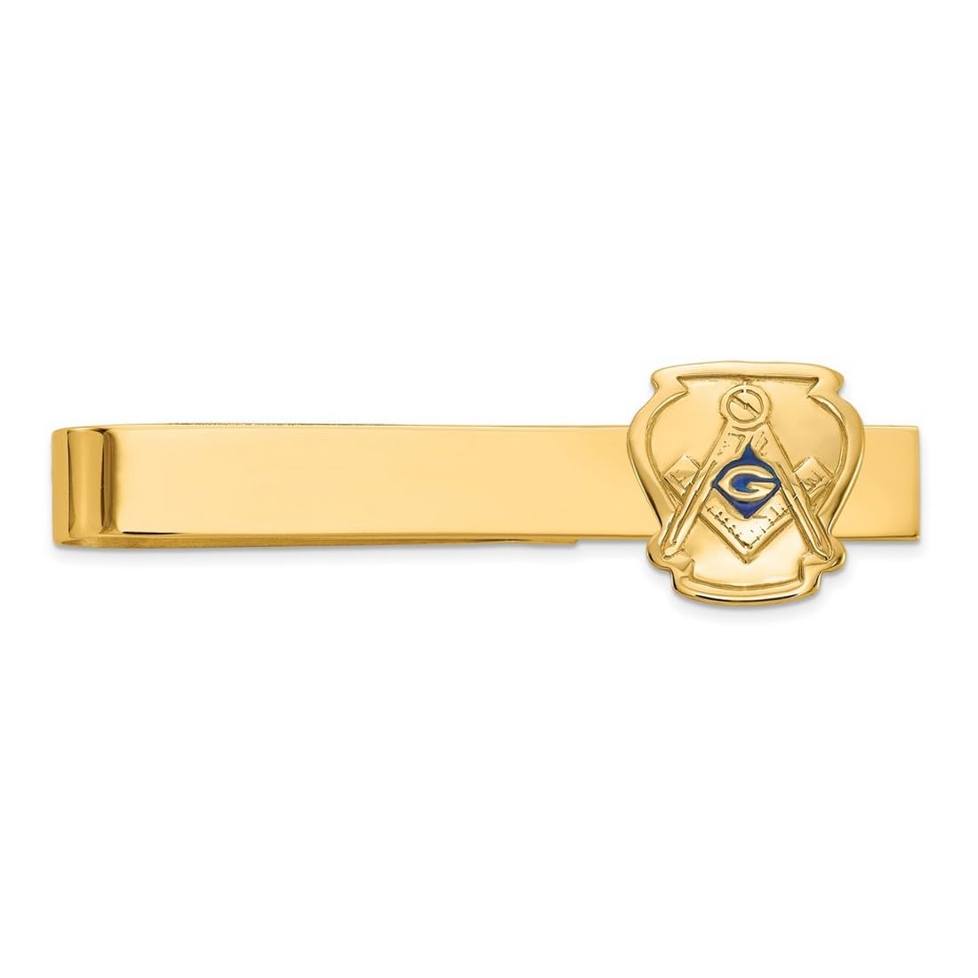 14k Solid Yellow Gold Mens Polished and Textured With Blue Enamel Masonic Medium Tie Bar-Tie Clip for Men
