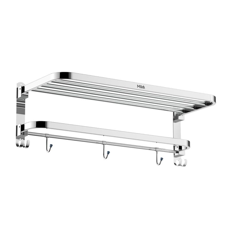 Image of Mila 24-Inch Folding Bathroom Rack | 304 Grade Stainless Steel | Chrome Finish | Wall Mount | Space-Saving Fold | Towel & Clothes Holder | Modern Design | 1.5 Yr Warranty.