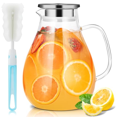 SUSTEAS 2.5 Liter 75oz Wasserkaraffe Glaskaraffe mit Deckel und Breitem Griff Leicht zu Reinigender Glas Karaffe für den Kühlschrank Wasserkrug für Kaltes/Heißes Wasser Eistee Mit Bürste