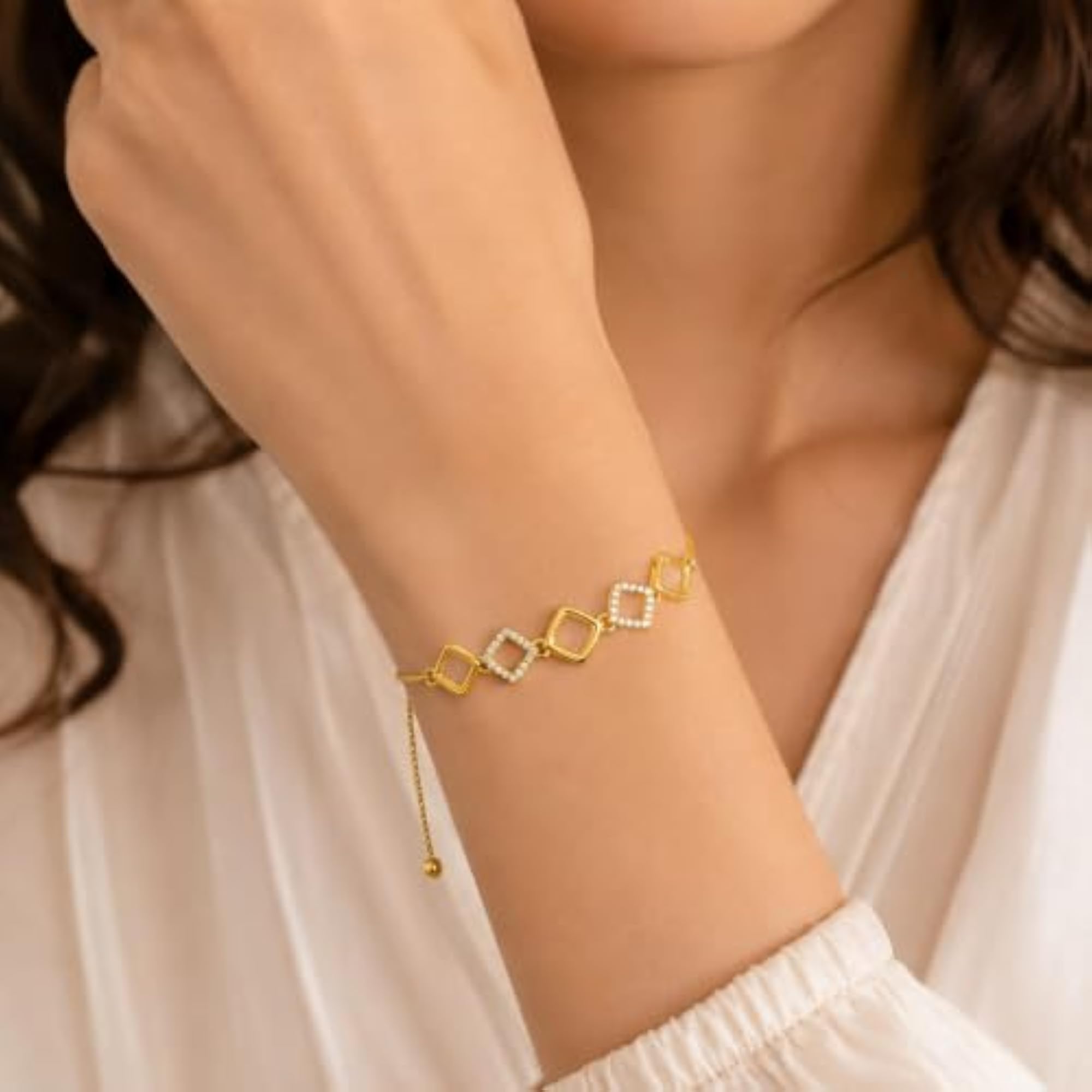 24k Plated Square Link Bracelet with Crystal Accents