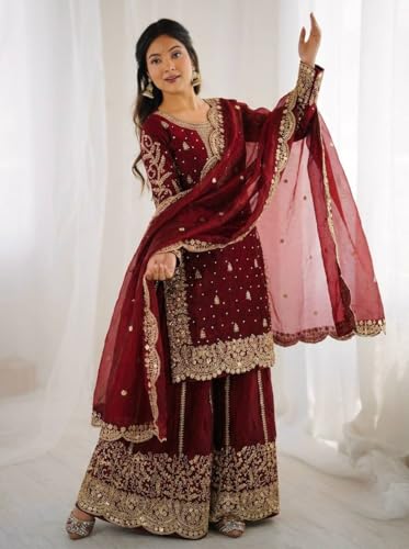 Image of Women's Casual Salwar Suit Pure Heavy Fendy Silk With Embroidery Sequence Work Full Sleeves Salwar Suit With Dupatta.Women's Ethnic Wear