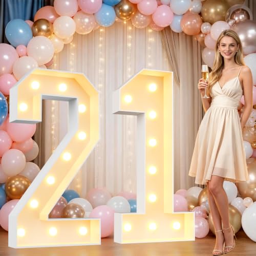 Image of Pooqla 4FT Marquee Numbers, Large Light Up Number 21st Birthday Party Decor | Warm White LED Marquee Light Up Numbers 4 Feet Tall, Party Decorations for 21st 12th Birthday Anniversary Photo Backdrop