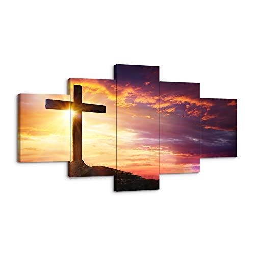 Large Christian Crosses Cross Wall Art Christ Poster Canvas Prints Home Decor For Bedroom Living Room Pictures Decals 5 Panel Hd Printed Painting Artwork Framed Ready To Hang (50"Wx24"H, Artwork-10) #TOP18
