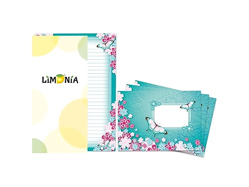Limonia Briefpapier-Set mit 2 Briefblöcken für Mädchen: Schmetterlinge & Blumen (1 bunt, 1 ausmalbar, A5, 25 Blätter + 25 Umschläge)