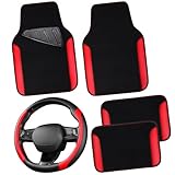 CAR PASS Faux Leather Steering Wheel Cover and Waterproof Car Floor Mats,Universal Car Combo Fit for 95% Sedan,SUV,Cars,14.5-15inch Sporty Anti-Slip Safety Comfortable Design(Black＆Red)