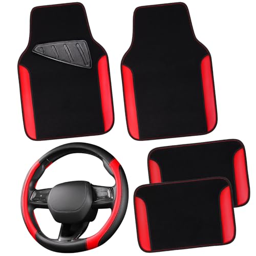 CAR PASS Faux Leather Steering Wheel Cover and Waterproof Car Floor Mats,Universal Car Combo Fit for 95% Sedan,SUV,Cars,14.5-15inch Sporty Anti-Slip Safety Comfortable Design(Black＆Red)