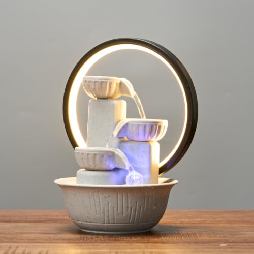 Image of 3-Tier Tabletop Water Fountain with Warm Ambient Light, Cascading Bowl Design, Compact Indoor Desk Decor, 8.3x6.3 inch Indoor Calming Cascading Waterfall Fountain（Cream） (Cream Light Ring)
