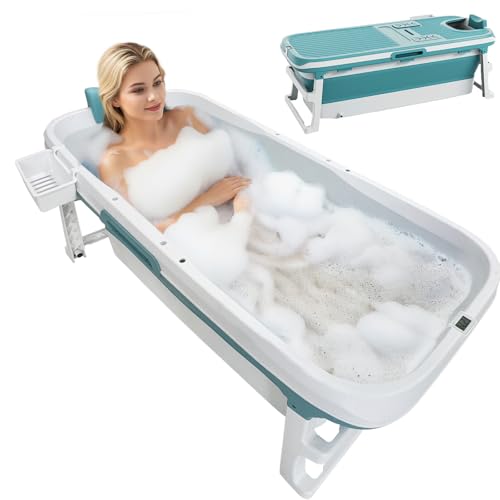 60-inch Collapsible Foldable Bathtub for Adults, Portable Soaking Bath Tub, 60'' Ice Hot Bath Spa Tub with LCD Display, Space Saving Freestanding Bathtubs for Homes Apartments, Blue