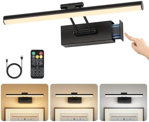 JUSHENG Picture Lights for Wall Battery Operated, Black 3CCT Dimmable Gallery Light with Detachable Battery and Timer, Rechargeable Picture Lighting for Paintings, Canvas, Portraits, 15.35 inch 3W
