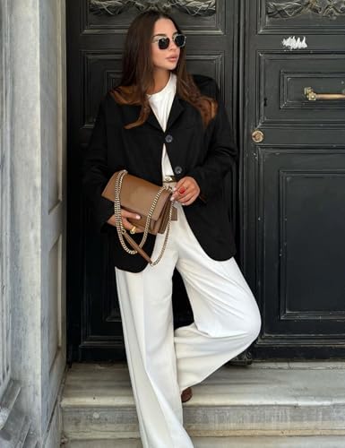 Flygo Womens Faux Suede Blazer Jacket Vintage Long Sleeve Button Down Casual Blazer Business Work Outfits(Black-L)4