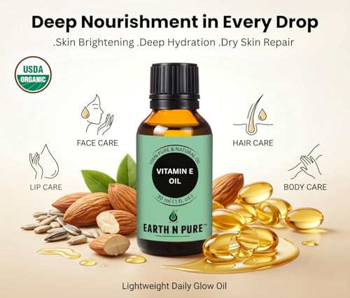 Image of Earth N Pure Vitamin E Oil for Skin & Hair | 100% Pure & Natural Tocopherol Oil | Face Moisturizer, Deep Skin Hydration, Dark Spots, Scars, Nails, Scalp & DIY Skincare | 15ml