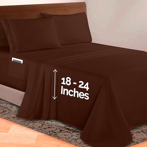 Image of Elegant Comfort Luxurious 1500 Premium Hotel Quality Microfiber 4-Piece Sheet Set, 18-24 Inches Deep - Extra Deep Pocket Sheets - Ultra Soft 4PC Deep Pocket Sheets, Full, Chocolate Brown