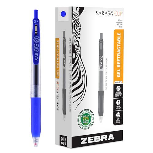 Stylos gel rétractables Zebra Sarasa 0,7 mm bleu x12 pour écrire sans taches