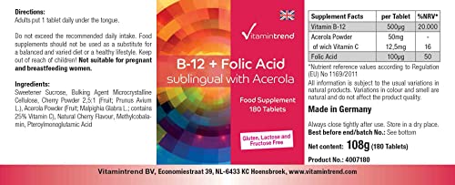 Vitamintrend Vitamin B-12 + Folsäure sublingual mit Acerola, 180 Tabletten, hochdosiert mit 500µg Vitamin B12, Nahrungsergänzungsmittel vegan ohne Magnesiumstearat, in Deutschland hergestellt